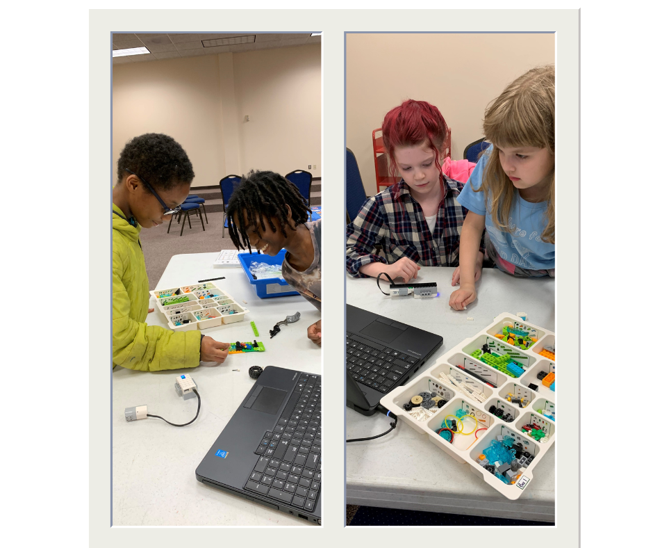 Children learn how to build and program robotic legos using a WeDo Lego kit.