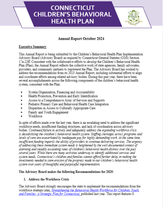 CT Children's Behavioral health Plan - Annual Report Cover