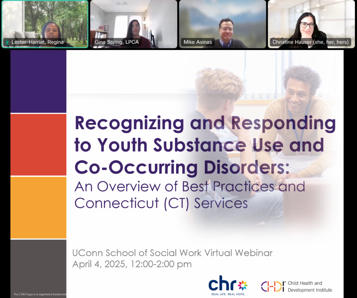 Screenshot of first slide from Zoom webinar for UConn SSW. Presenters are visible at top of screen.