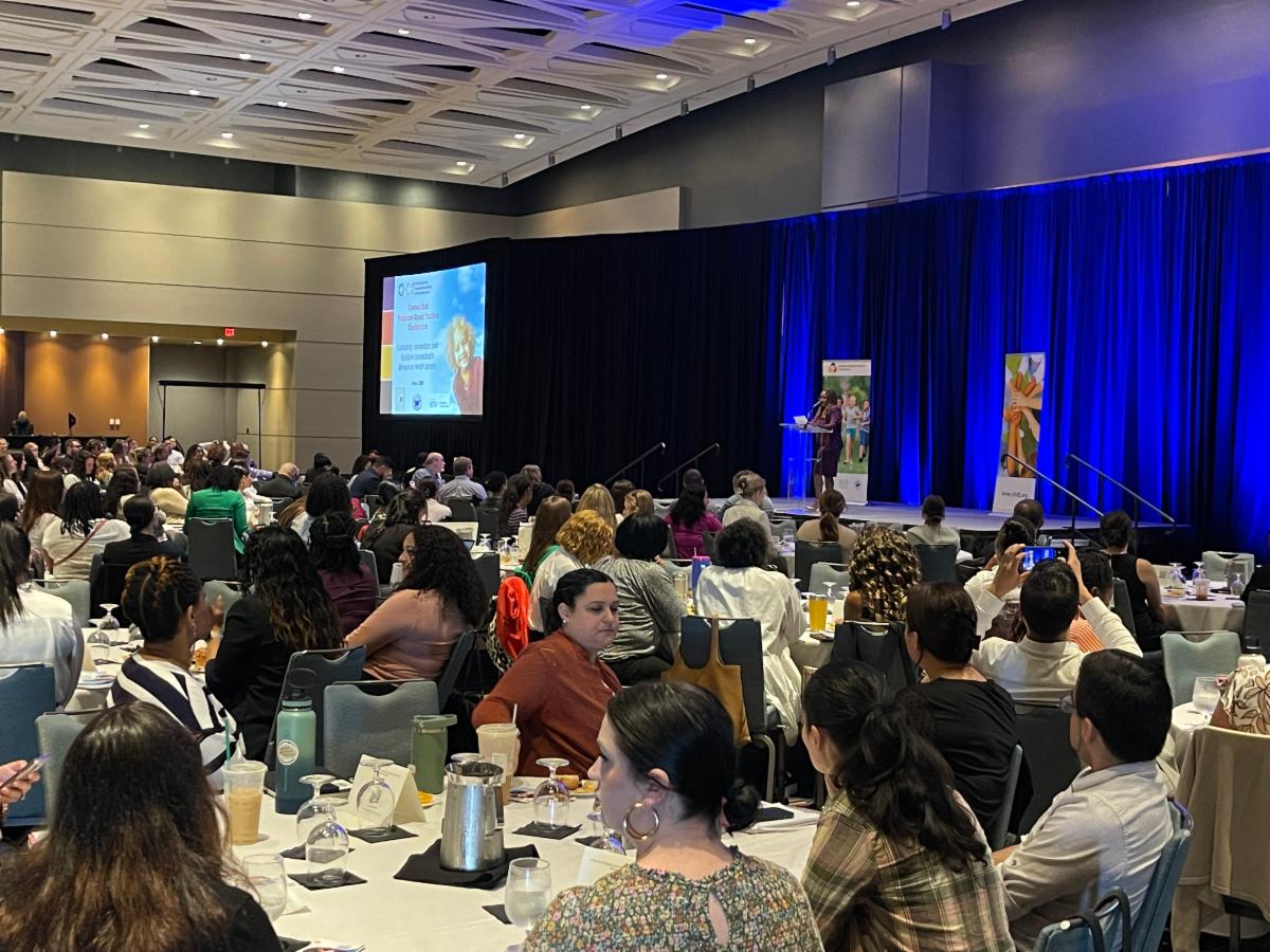 A crowd listens to a speaker at the 2024 CT Evidence-Based Practice Conference.