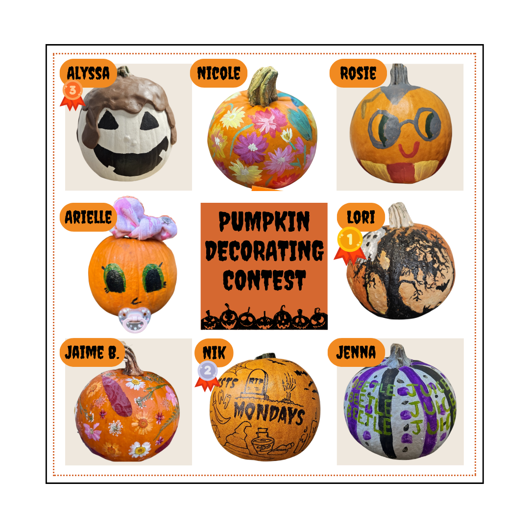 8 of the pumpkins entered into CHDI's staff pumpkin decorating contest