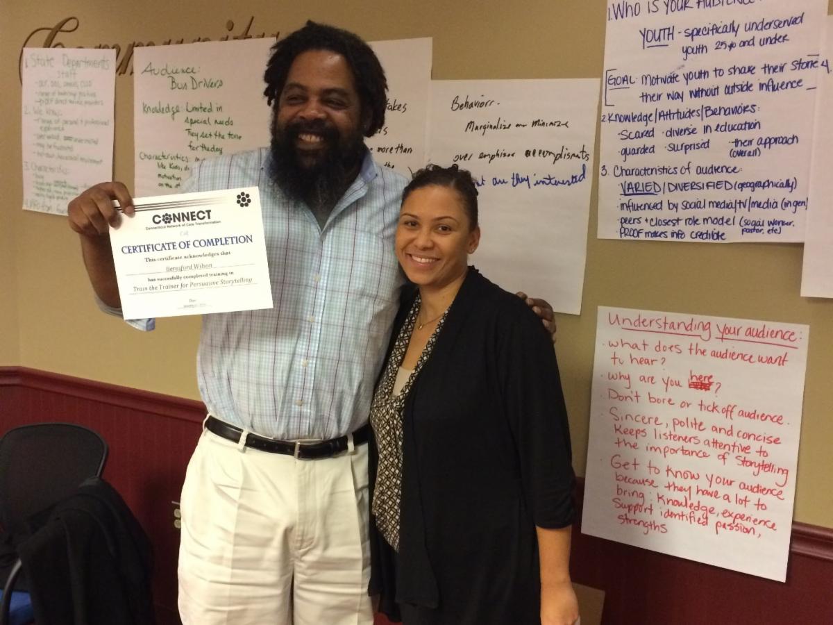Beresford Wilson with CHDI's Jeana Bracey after a Connecting to Care training