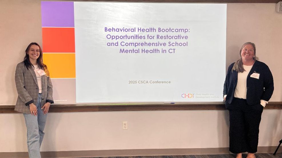 CHDI's Sarah White and Rebekah Behan at their presentation at the CT School Counselor Association Conference