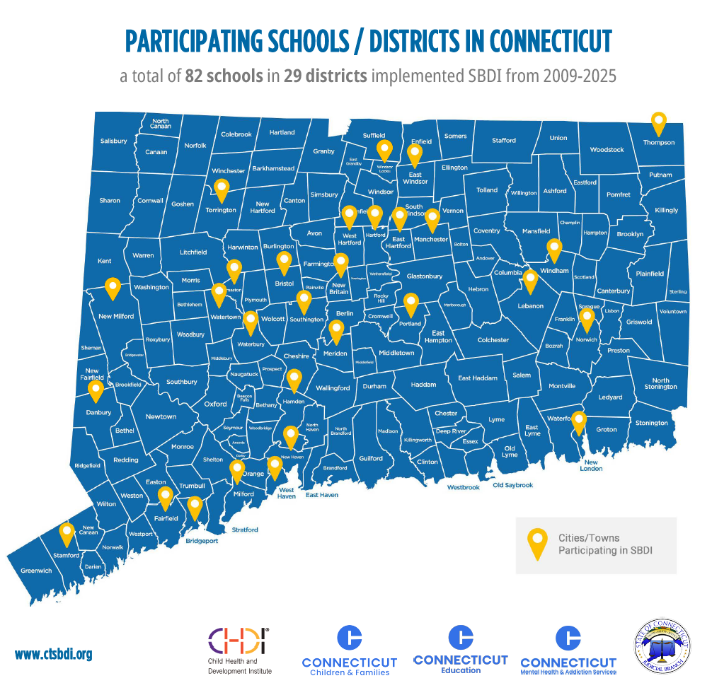 Map of Connecticut with yellow pins showing the 29 districts that have implemented SBDI since 2009. Click to get as accessible PDF.