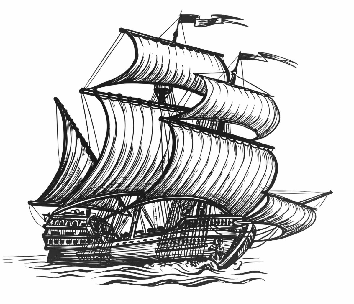 black and white sketch of Thaddeus ship with sails