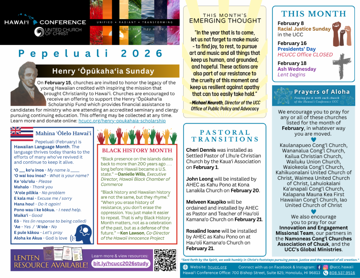 HCUCC bulletin for February 2026