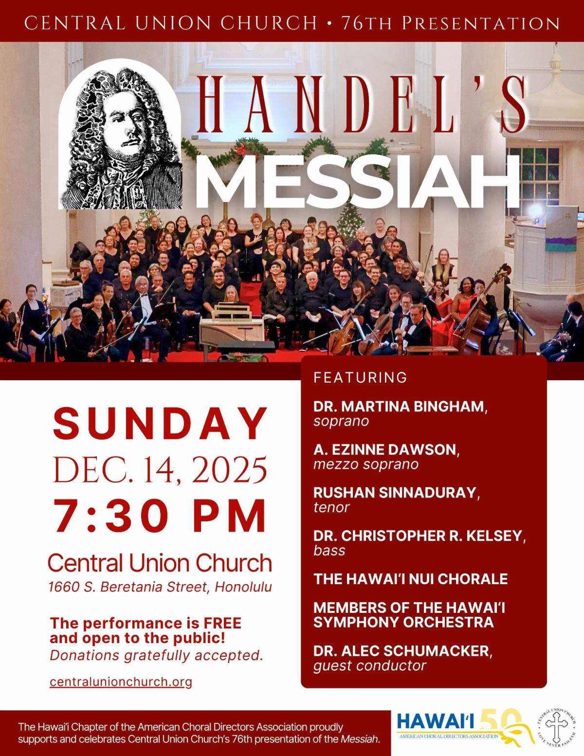 76th presentation of Handel's Messiah at Central Union Church on December 14