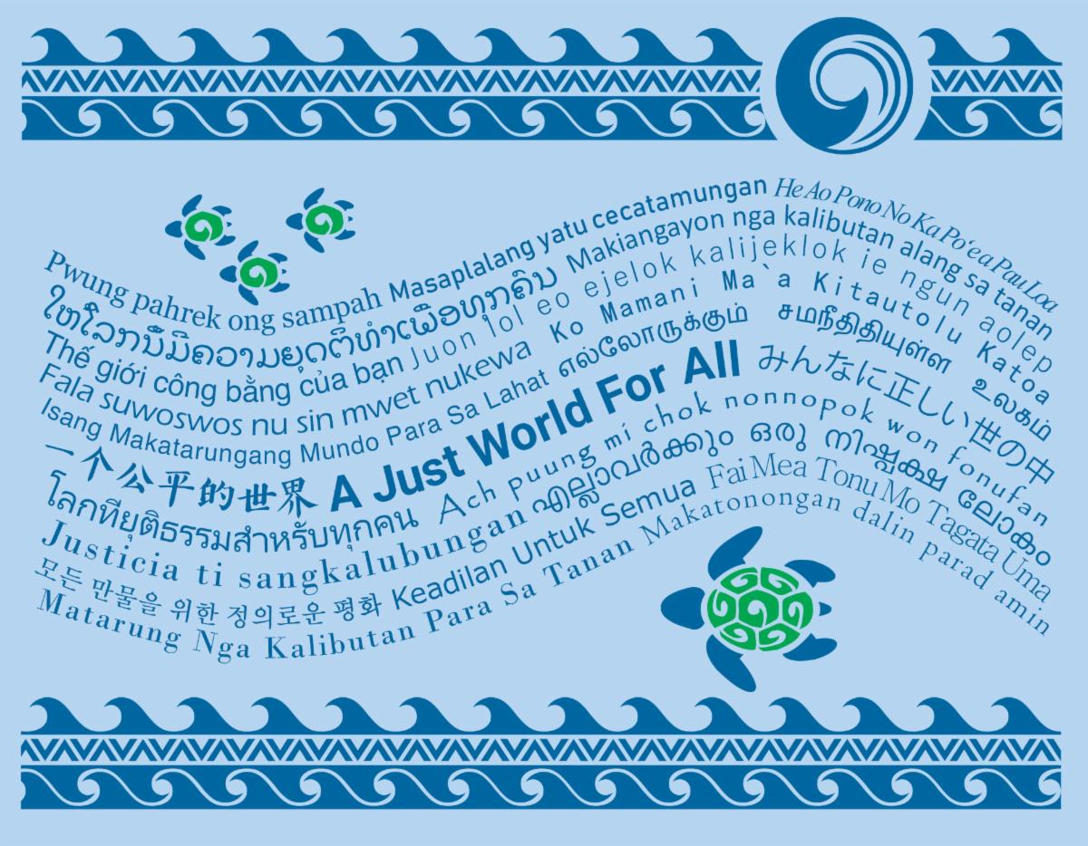 "A Just World for All" in different Asian and Pacific Islander languages
