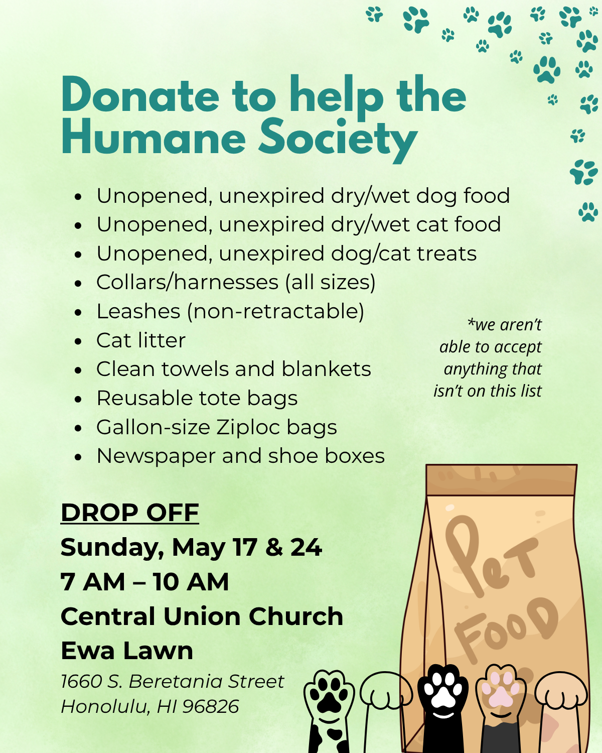 Donate to the help the Humane Society - supply drive May 17 and 24