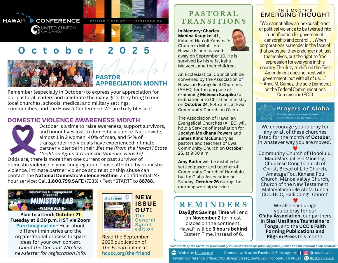 bulletin of different announcements from the Hawaii Conference United Church of Christ for October 2025