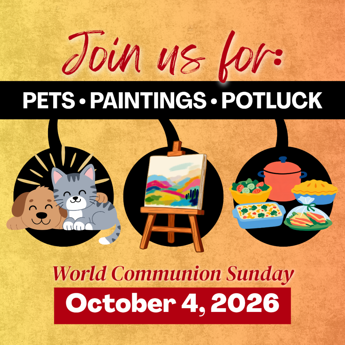 Pets, Paintings, Potluck on October 4