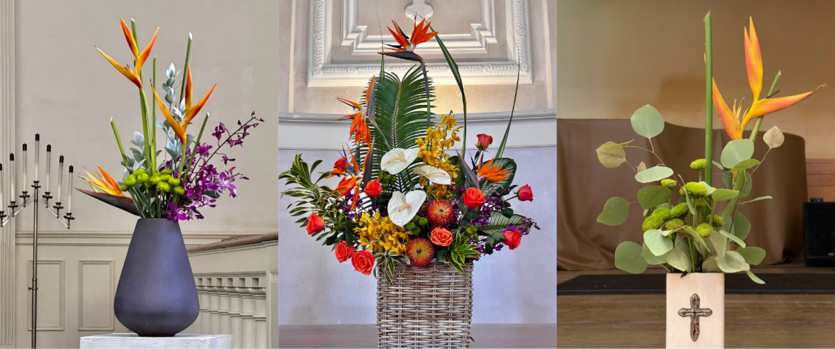 Three flower arrangements prepared for the Chapel, Sanctuary, and Parish Hall