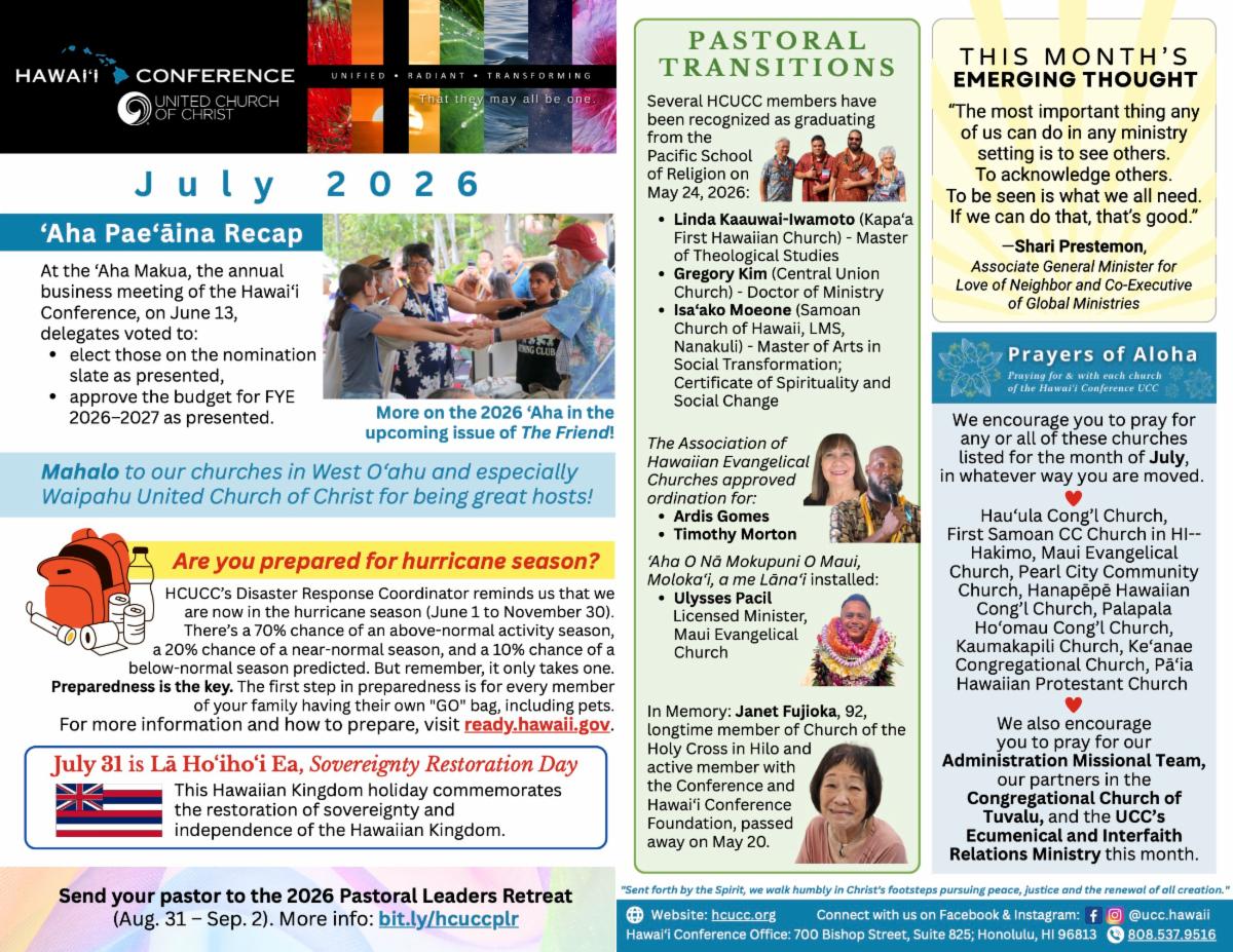 Hawaii Conference UCC bulletin for July 2026