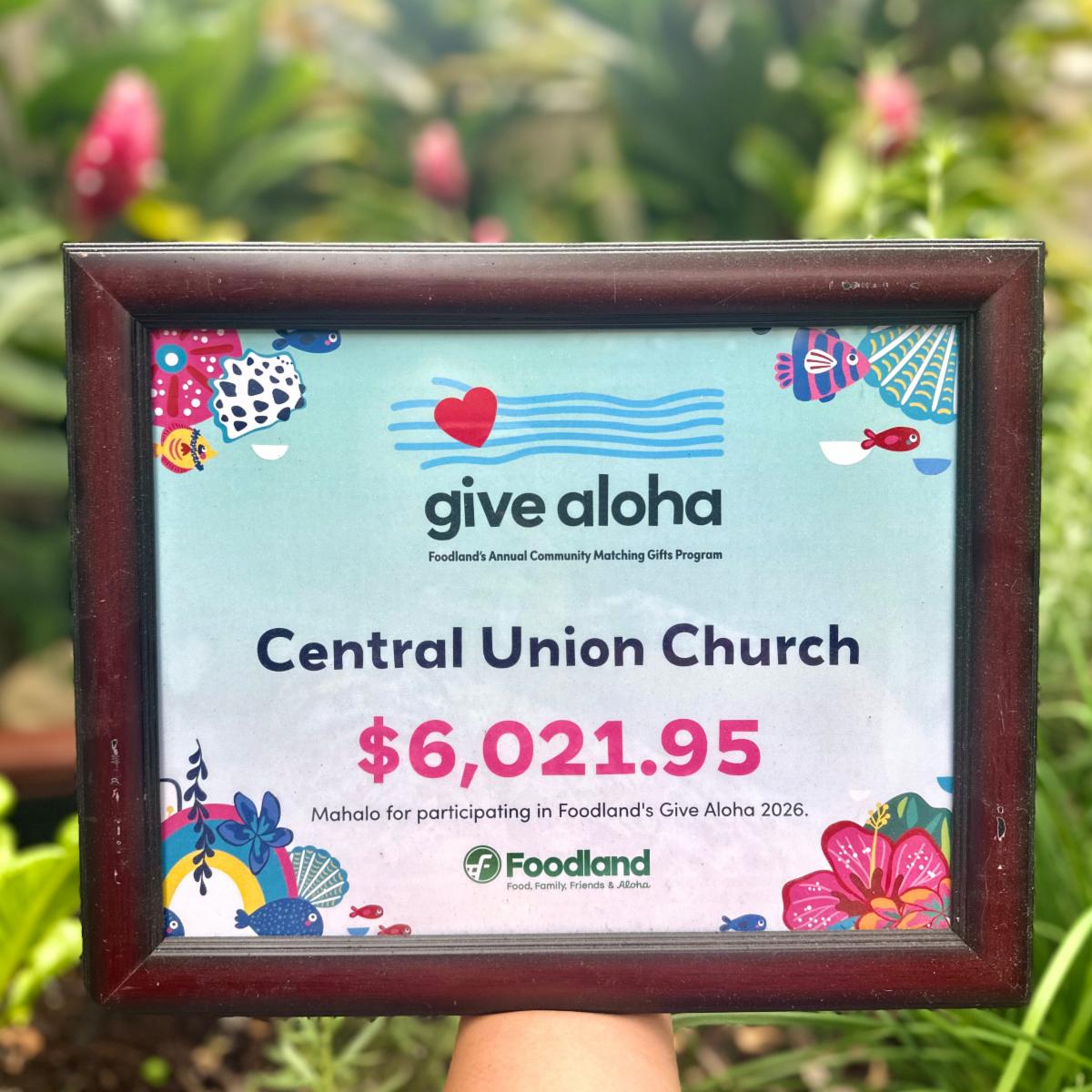 Give Aloha Central Union Church certificate