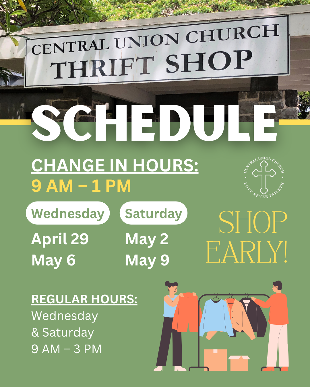 Thrift Shop modified hours for early May 2026