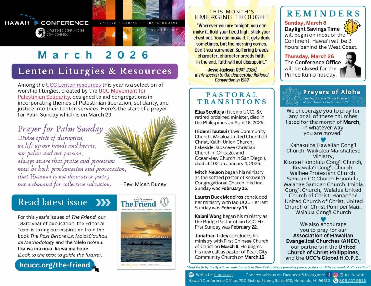 HCUCC bulletin for March 2026