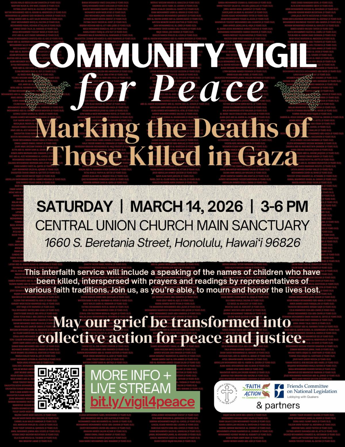 Community Vigil for Peace on March 14, 3-6 PM