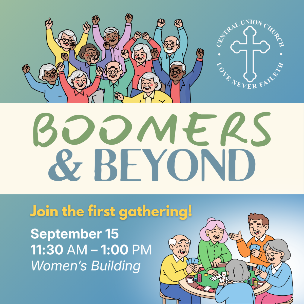 Boomers and Beyond first gathering on September 15 at 11:30 AM