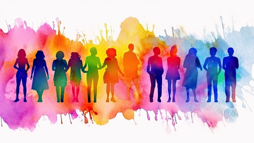 an impressionist-style abstract watercolor painting depicts a diverse group of people united on a colorful rainbow background_ commemorating pride month