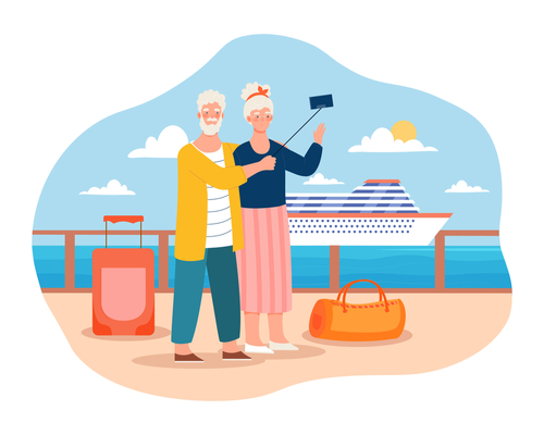 Elderly couple is going to sea cruise by ferry. Concept of tourism and vacation for seniors and pensioners. Old man and woman are standing on ship deck with luggage. Flat cartoon vector illustration