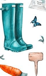 Watercolor garden tools_Country farm gardening background_ Farmhouse tools_vegetable_rusty element_birdhouse_hyacinth flower pot_colander with salad leaf_green rubber boots_spring flowers