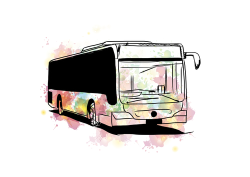 Watercolor with sketch of bus in vector.
