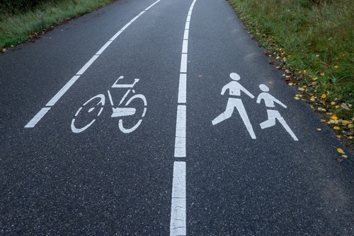 Separate lanes for bicycles and pedestrians promoting safety and order on paved path