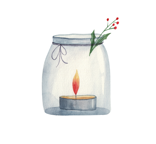 christmas candle_ candle in a jar with christmas leaves and decor watercolor illustration on a white background