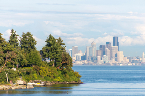 USA_ Washington State_ Seattle. View of Seattle and Wing Point on Bainbridge Island from ferry.