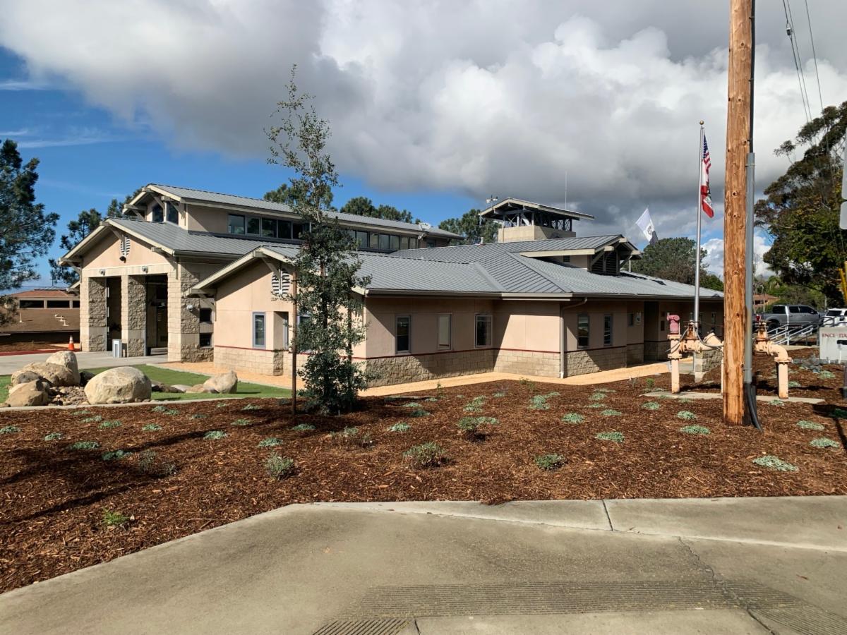 Fire station 5 with new fire-resistant landscaping, northwest view