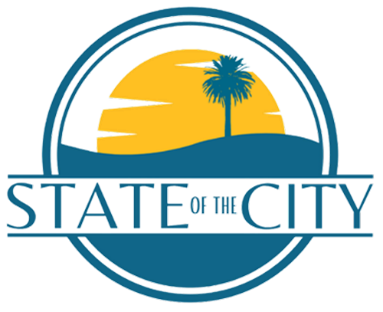 State of the City logo featuring the sun setting against a wave with the shadow of a palm tree