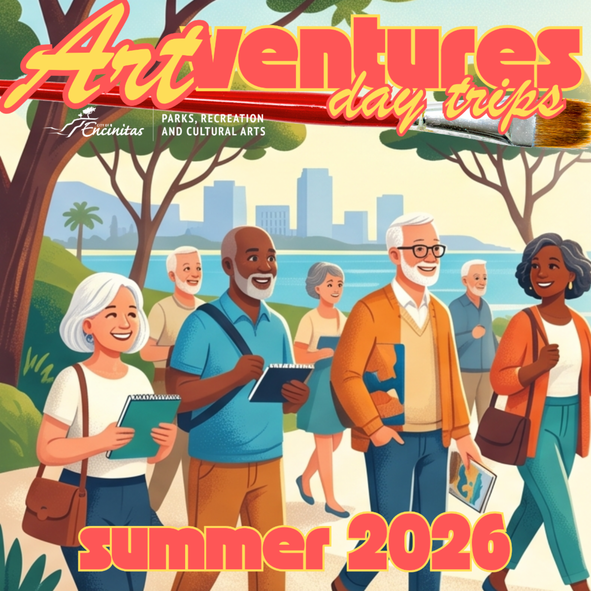 A cartoon of a bunch of happy seniors enjoying ArtVentures