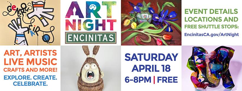 Art Night Encinitas Event Banner with different types of art displayed in boxes