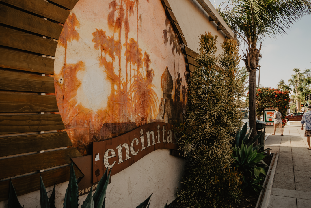 a mural on an Encinitas business featuring palm trees and a sunset