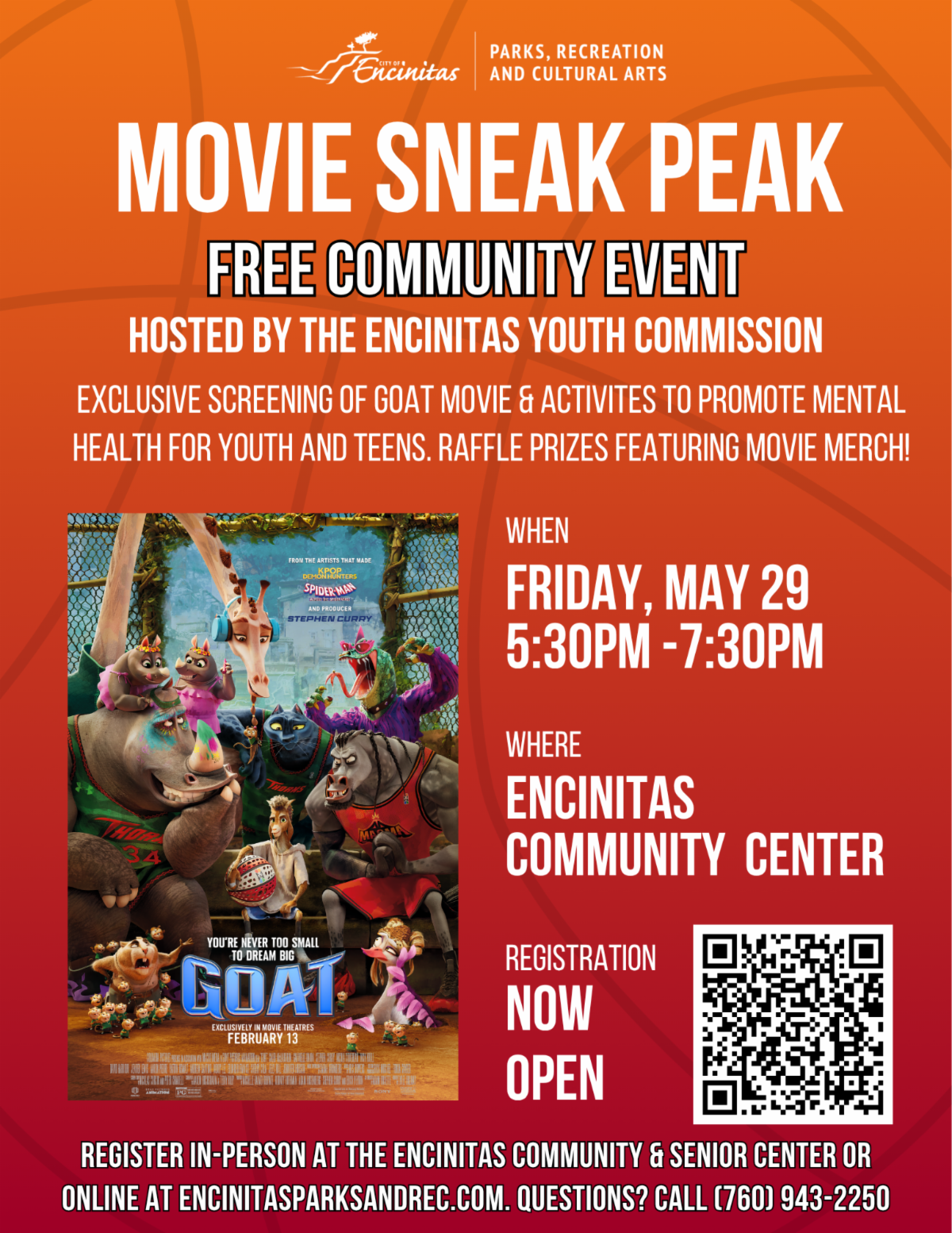 GOAT Movie flyer, hosted by the Encinitas Youth Commission