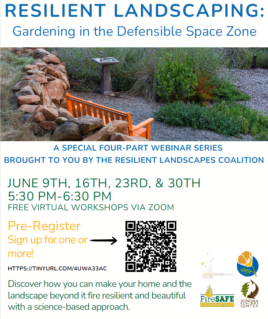 Resilient Landscaping firewise webinars flyer advertising Webinar Dates: June 9, 16, 23, 30 from 5:30-6:30 p.m.   June 9th, 2026: Framework of sustainability for defensible space and beyond   June 16th, 2026: Defensible space zones and code requirements   June 23rd, 2026: Firewise design with the defensible space zone   June 30th, 2026: Maintenance in the defensible space zone