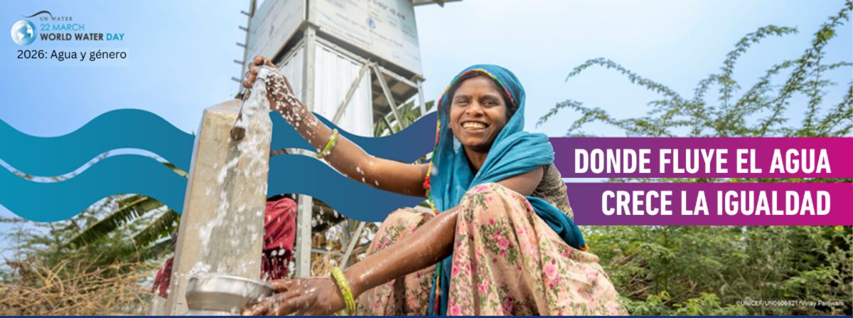 Una mujer saca agua de un pozo y las palabras «Donde fluye el agua, crece la igualdad»/Día Mundial del Agua 2026 Agua y género en el gráfico.
