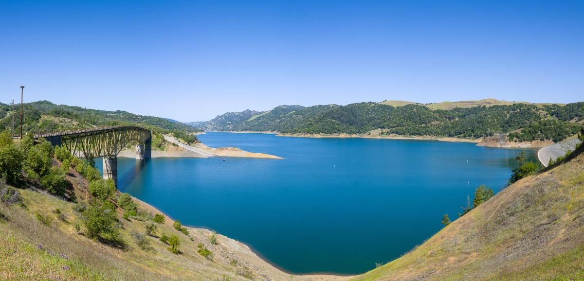 photograph of a landscape view of a blue lake (Lake Sonoma) with hills surrounding