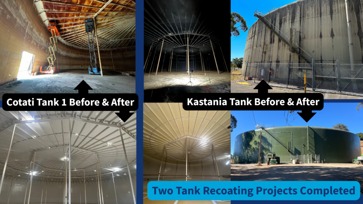 collage of photos showing the before and after of two water tanks that were recoated. the before pictures show corrosion and faded paint and the after photos show clean, freshly painted interior and exteriors