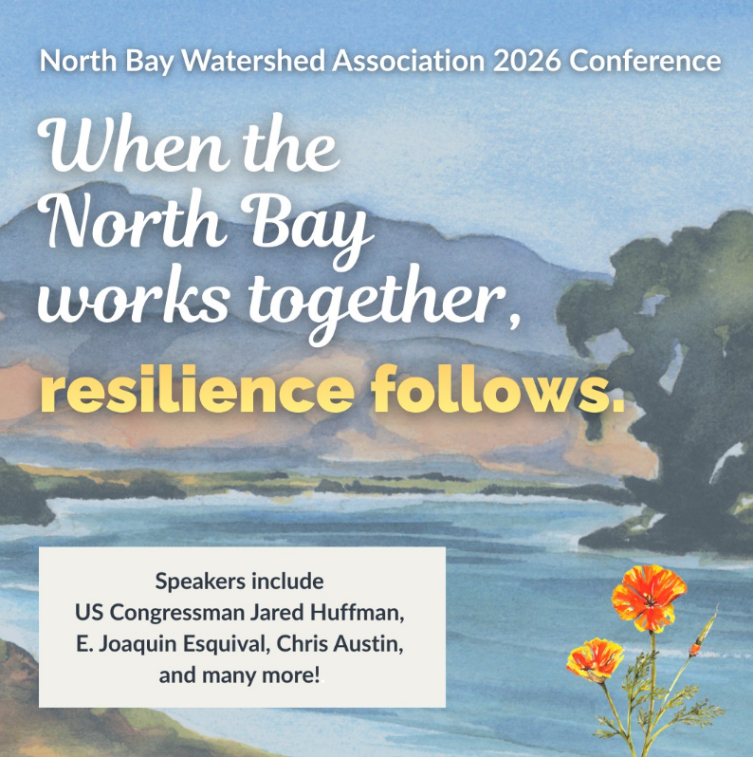 Imagen promocional de la conferencia de la Asociación de la Cuenca Hidrográfica de North Bay con una ilustración en acuarela de un lago y una montaña.