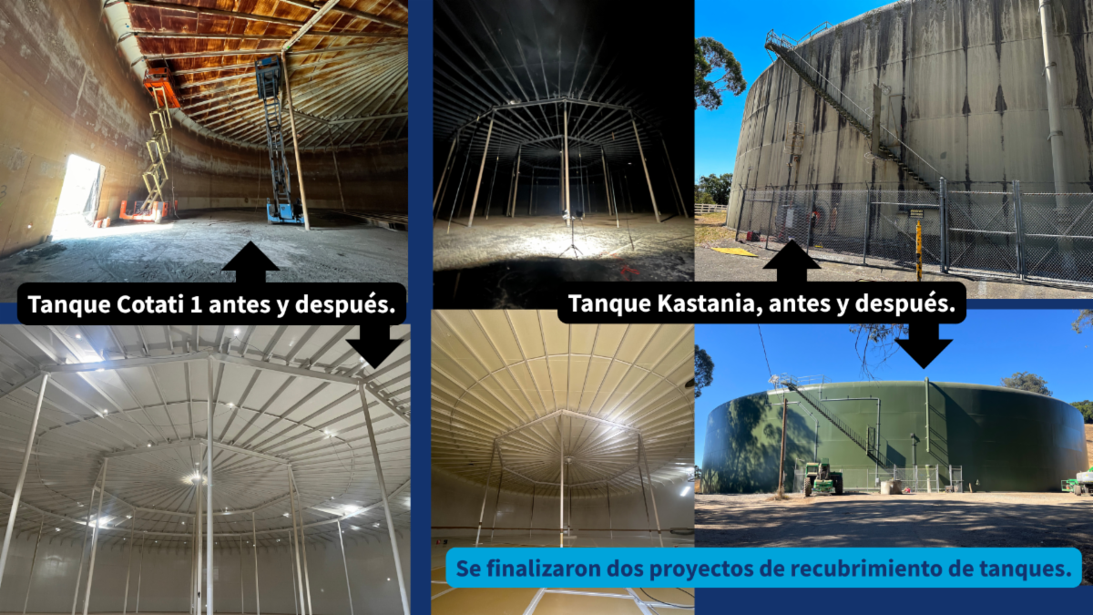 Se finalizaron dos proyectos de recubrimiento de tanques. fotografías Tanque Cotati 1 antes y después & Tanque Kastania, antes y después.
