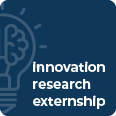 faded icon of a light bulb on dark blue background with the words innovation, research, externship