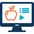 icon graphic of a computer monitor displaying a line art apple and symbols representing lines of text and a play arrow