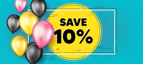 Save 10 percent off. Balloons frame promotion banner. Sale Discount offer price sign. Special offer symbol. Discount text frame background. Party balloons banner. Vector