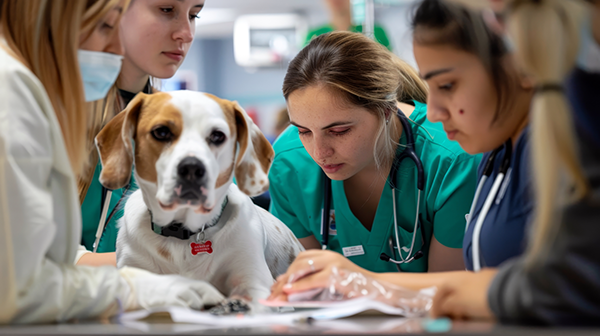 Veterinary students examining a dog