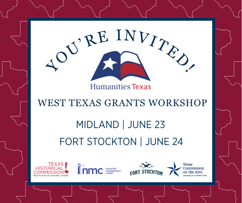 A white-on-maroon graphic reading "You're invited! West Texas grants workshop."