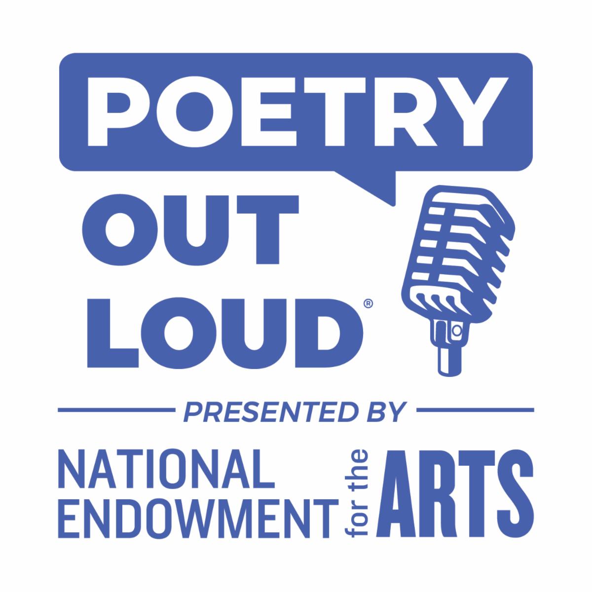 A blue-on-white logo featuring a microphone and the words, Poetry Out Loud Presented by National Endowment for the Arts