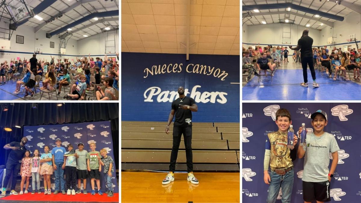 A collage of five photos shows SaulPaul working with students and educators in a school gymnasium.