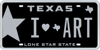 The State-of-the-Arts license plate, a white-on-black design reading I heart Texas art.