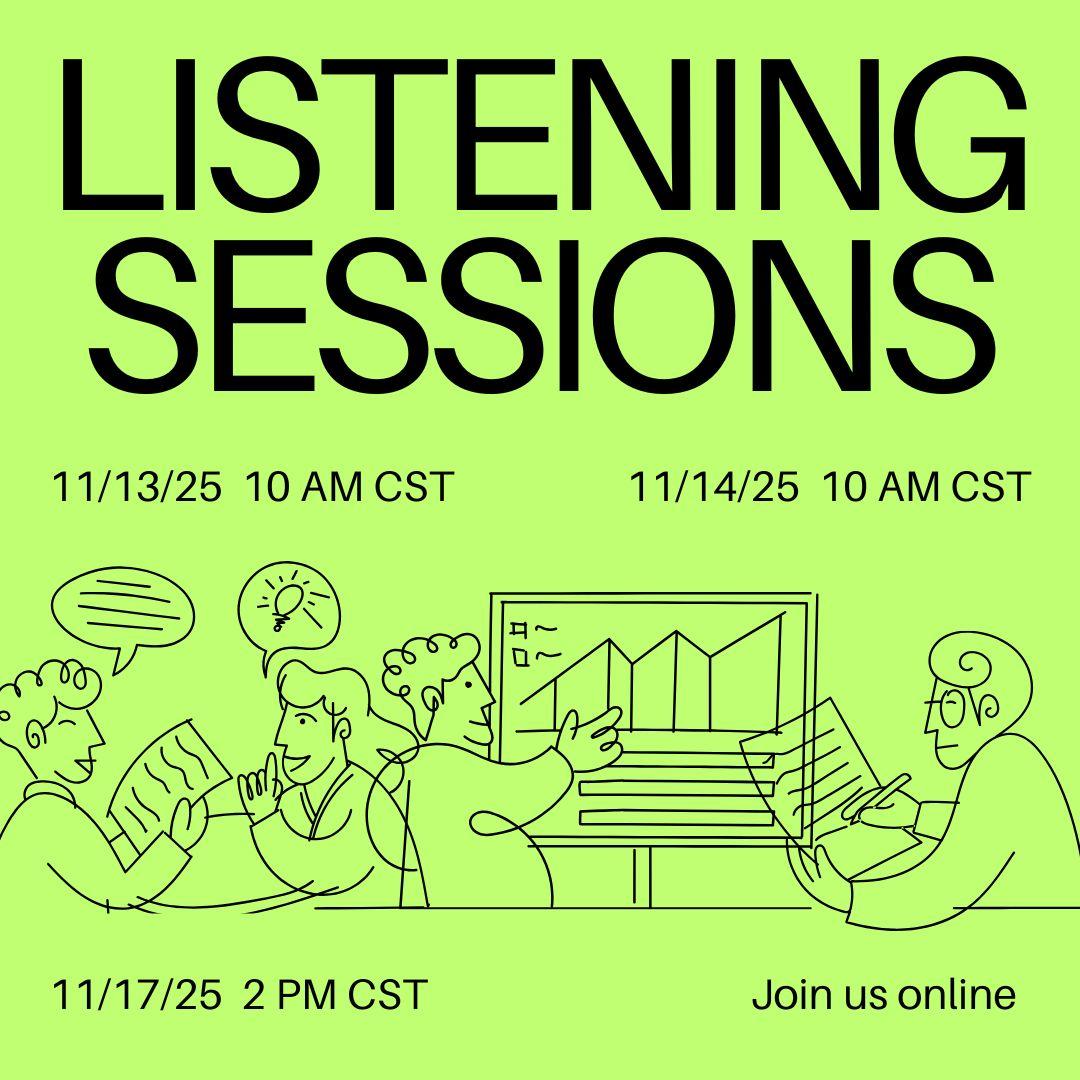 A line drawing of a group of people sharing ideas and information on a green background.